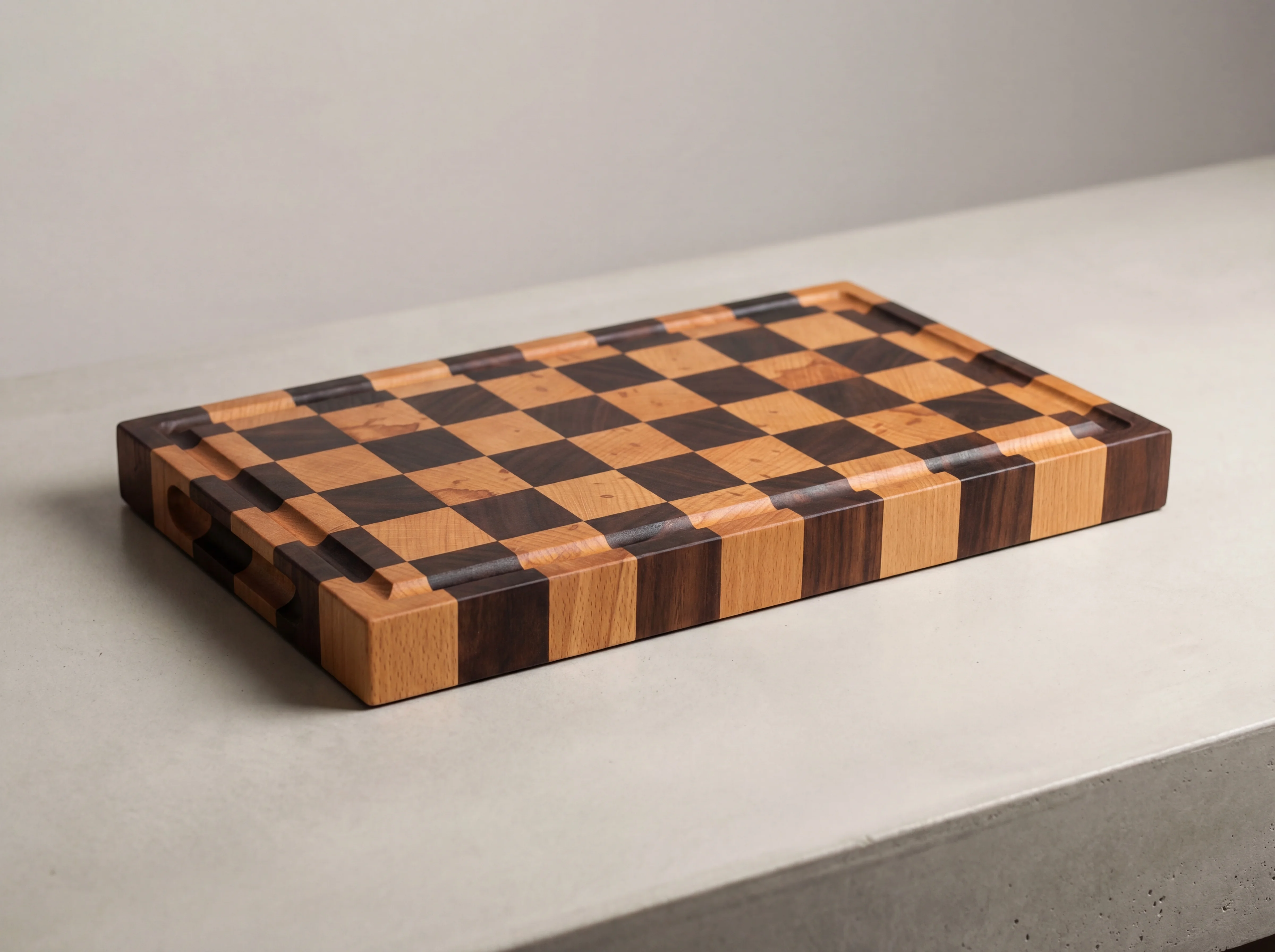Checkered end-grain chopping board in walnut and beech with finger grips and juice groove