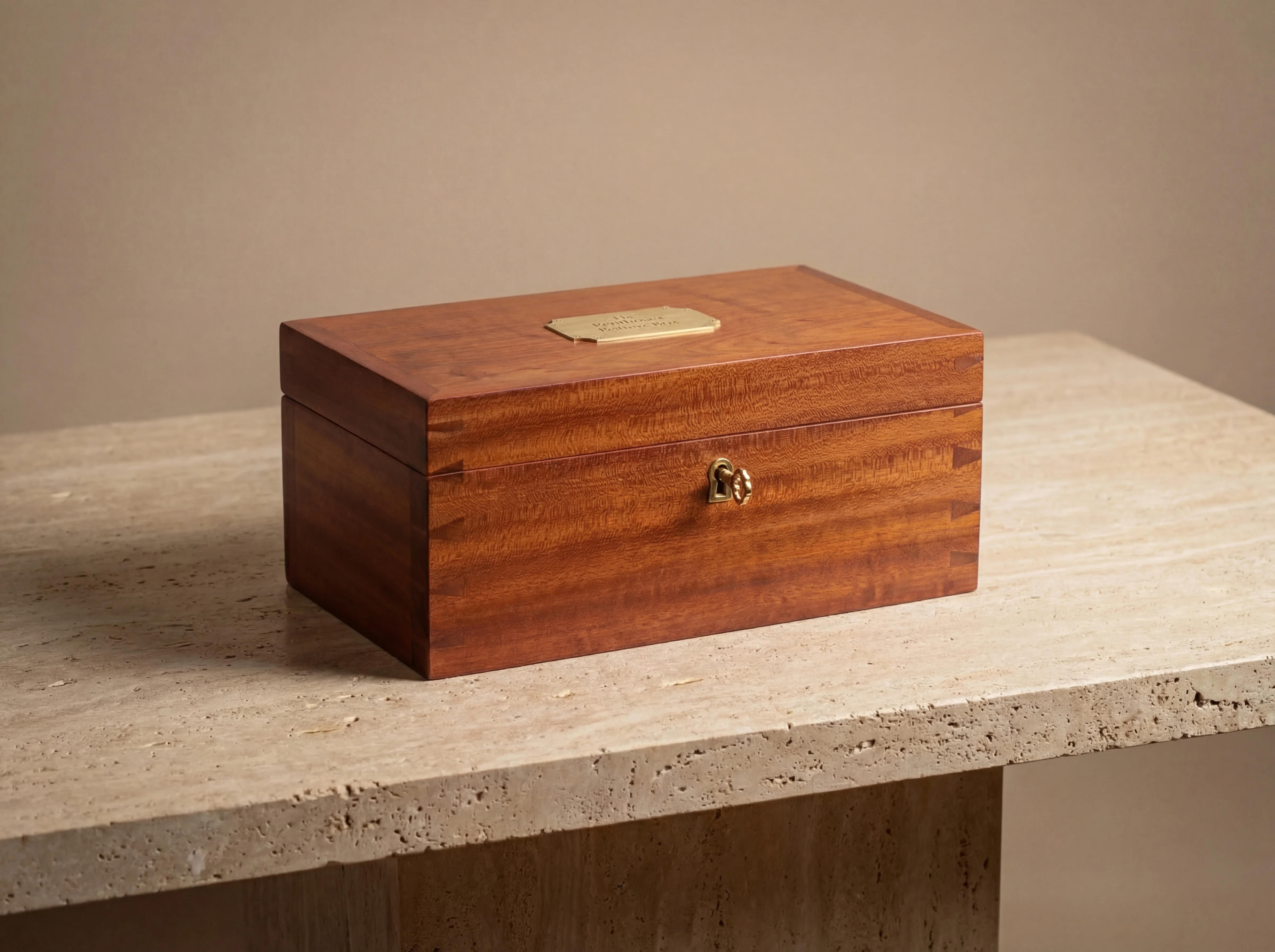 Vinhático jewellery box with brass lock and engraved nameplate