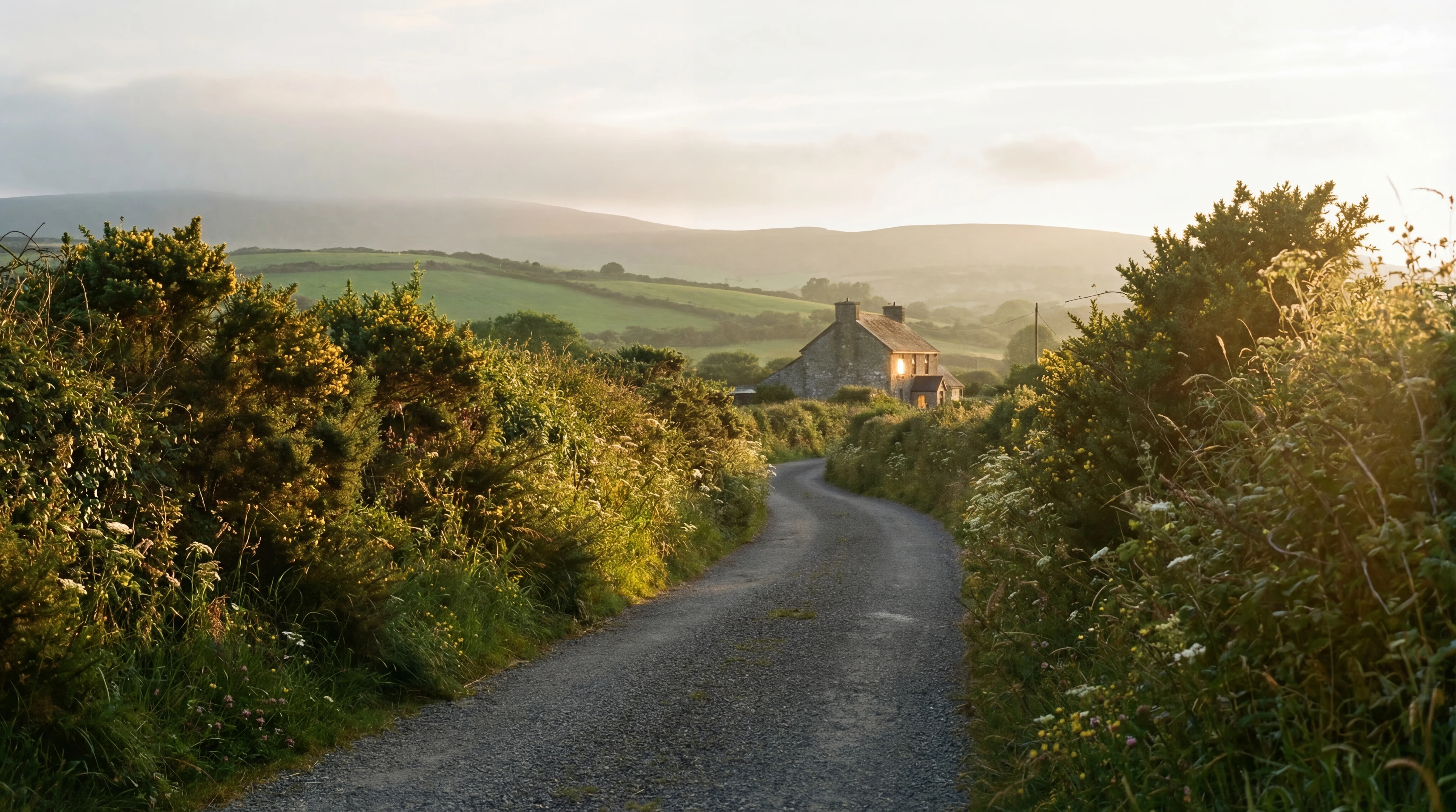 Irish countryside lane at golden hour - the path opening toward an unexpected opportunity